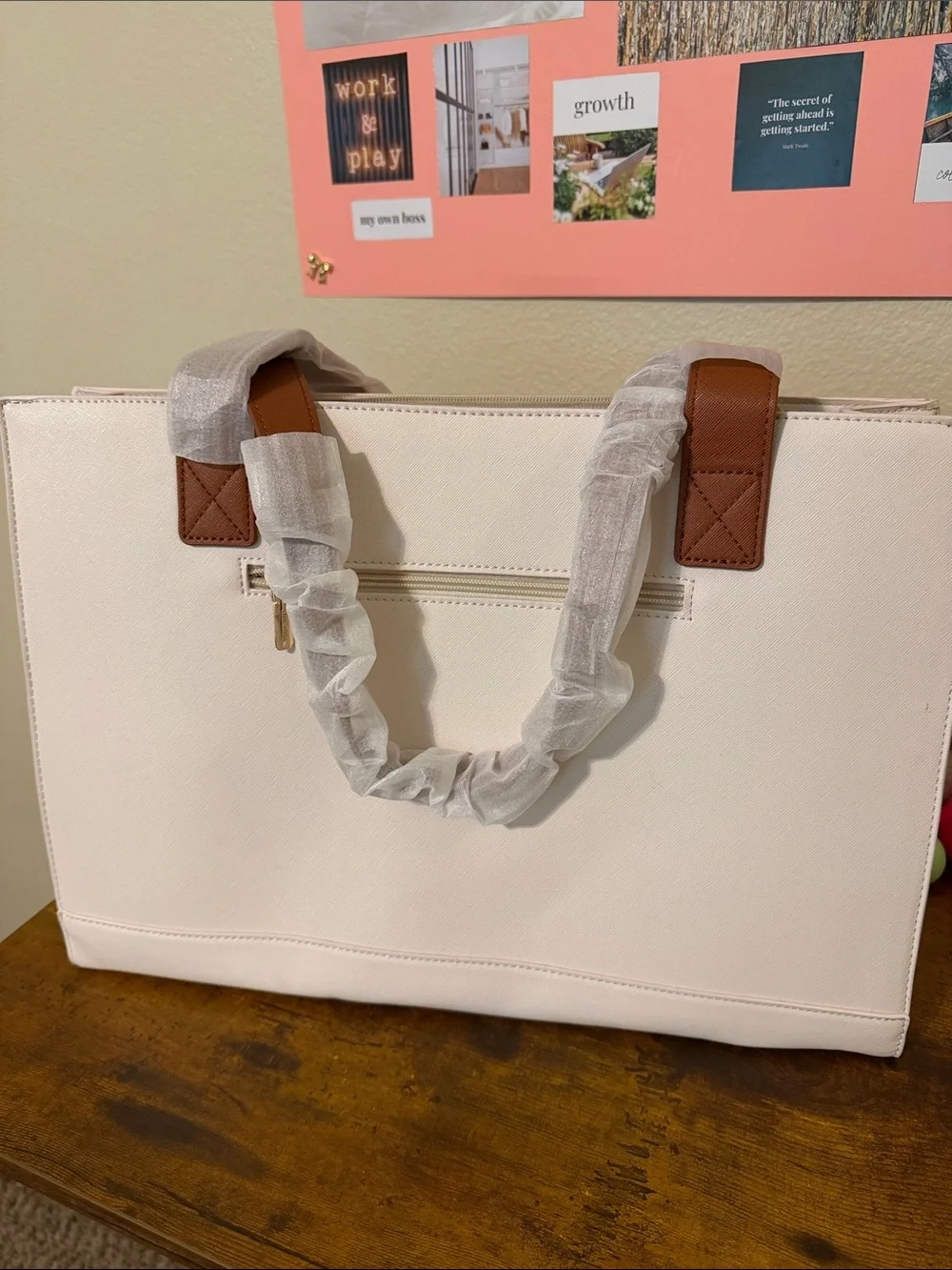 Two-Tone Cream and Brown Laptop Tote with Front Zip Pocket